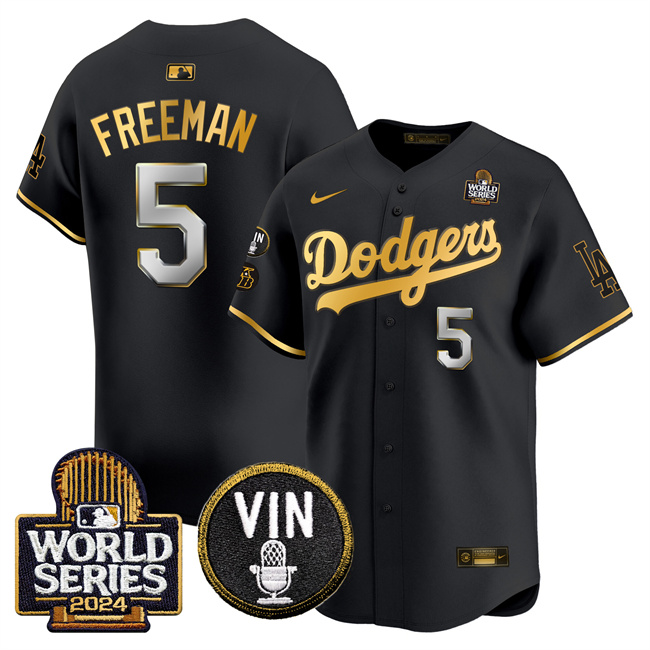 Men's Black/Gold Los Angeles Dodgers #5 Freddie Freeman 2024 World Series With Vin & Kobe Patch Limited Stitched Baseball Jersey